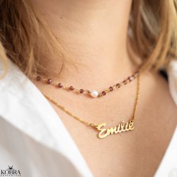 "Ellish" choker/halskde med rde granater og perle i guld