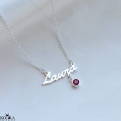 Navnehalskæde i sterling sølv med din månedssten / birthstone