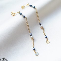 "Asta" gold earrings with genuine white and blue pearls