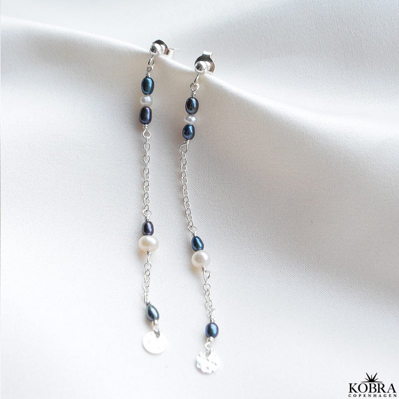 "Asta" silver earrings with genuine white and blue pearls