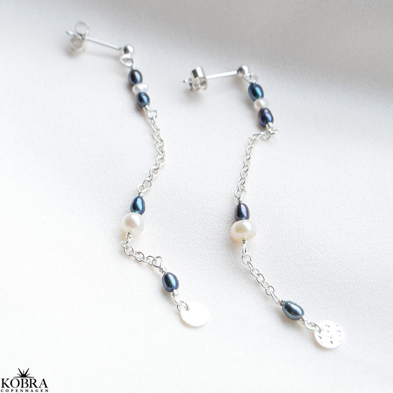 "Asta" silver earrings with genuine white and blue pearls