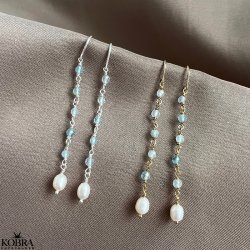 "Ellish" slv retrde med bl aquamariner samt hvid ferskvandsperle