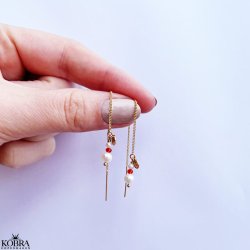 "Elina" gold ear wires with red and white pearls