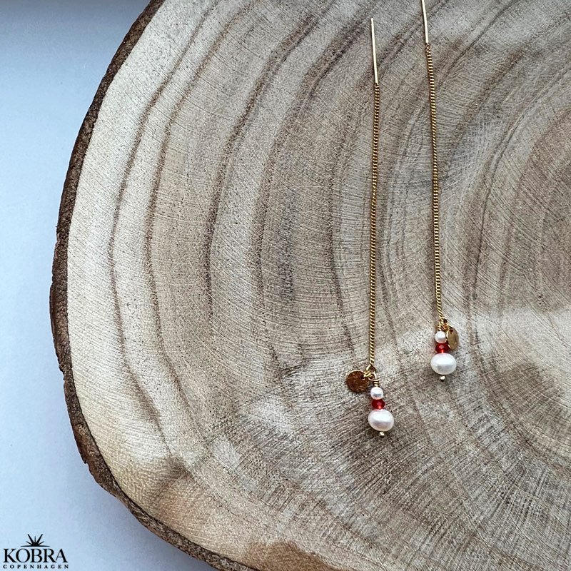 "Elina" gold ear wires with red and white pearls