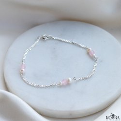 "Peach" slv panzer armbnd med hvide og lyserde perler