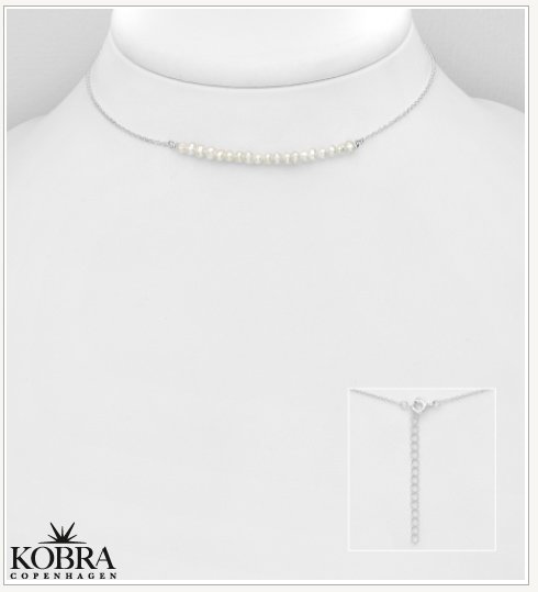 "String" slv perle halskde med gte hvide ferskvandsperler