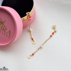 "Elina" gold earrings with red and white pearls