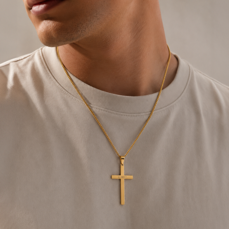 "Promise" cross necklace in 18K gold-plated steel with engraving