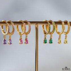 "Raindrop" sm guld hoops med farvet og drbeformet sten