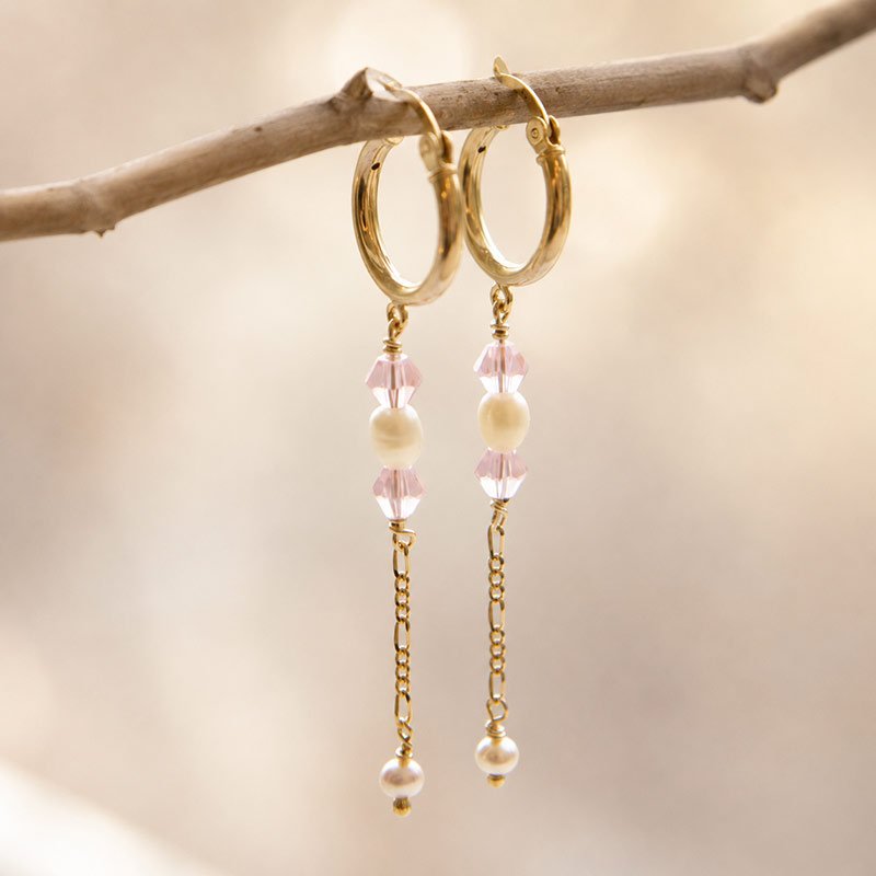 "Blush Pearl" �reringe  med rosa krystaller &amp; ferskvandsperler