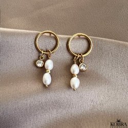 "Cheryl" guld reringe med ferskvandsperler samt zirkonia sten