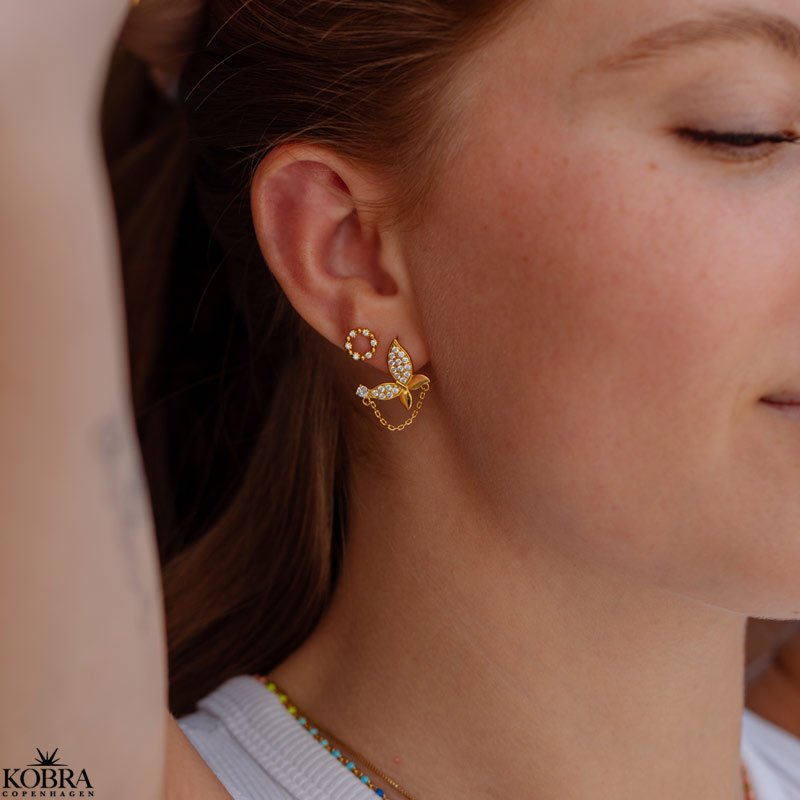 "Mariposa" sommerfugle-øreringe i guld med sten og kæde