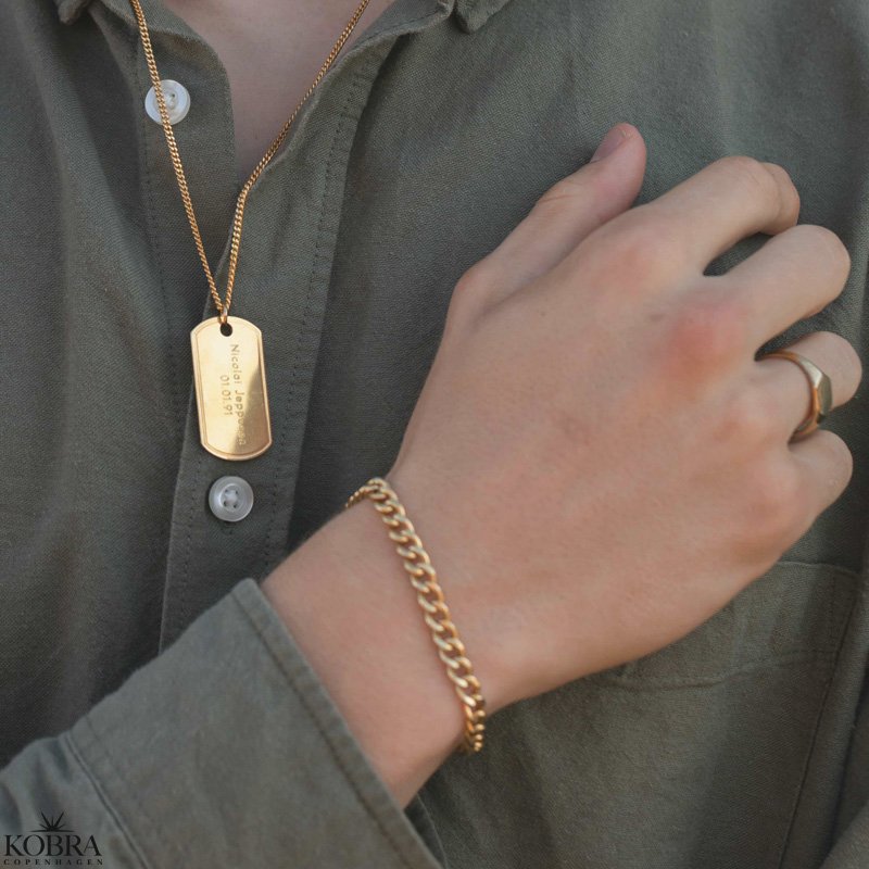 "Salem" guld dogtag halskde med 2 mm. panzerkde og gravering