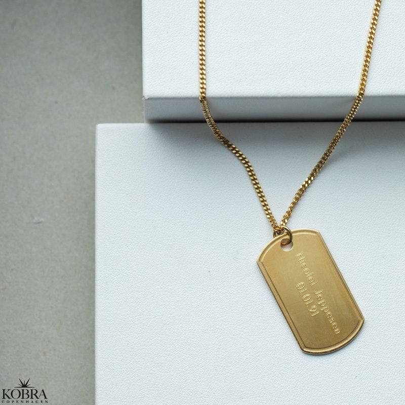 "Salem" guld dogtag halskde med 2 mm. panzerkde og gravering