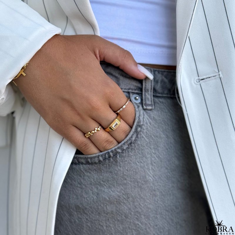 "Roxy" 18 carat gold plated signet ring with white stone