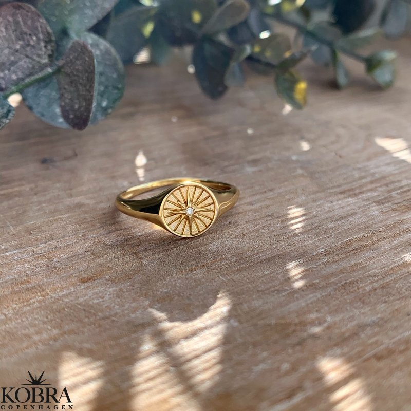 "Cassiopeia" guld signet ring med stjerne og hvid sten