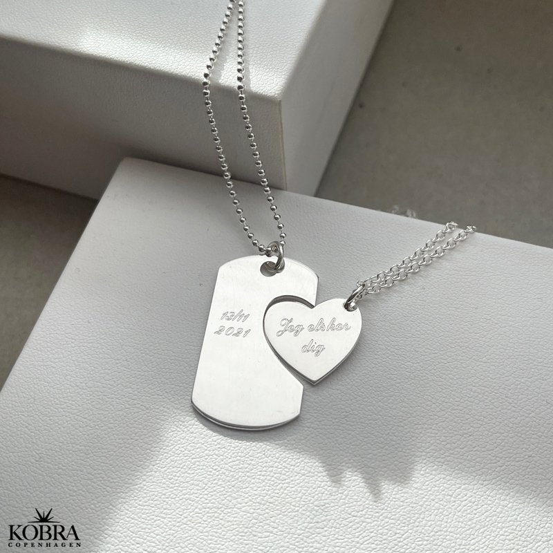 "You and Me" Dogtag in silver with silver heart including engraving