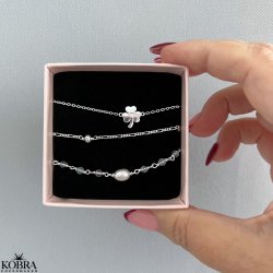 "Ellish" slv armbnd med bl aquamarin sten samt hvid ferskvandsperle