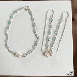 "Ellish" slv armbnd med bl aquamarin sten samt hvid ferskvandsperle