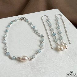 "Ellish" slv armbnd med bl aquamarin sten samt hvid ferskvandsperle