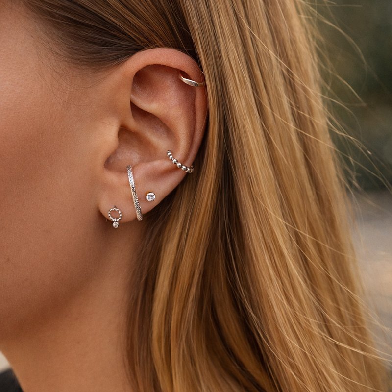 "Mellow" ear cuff with bead design in sterling silver.