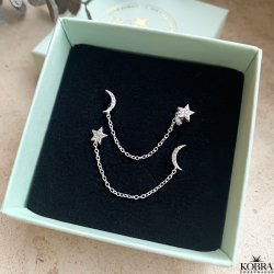 "Sigma" stjerne og måne sølv øreringe til 2 huller i øret