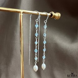 "Ellish" slv retrde med bl aquamariner samt hvid ferskvandsperle