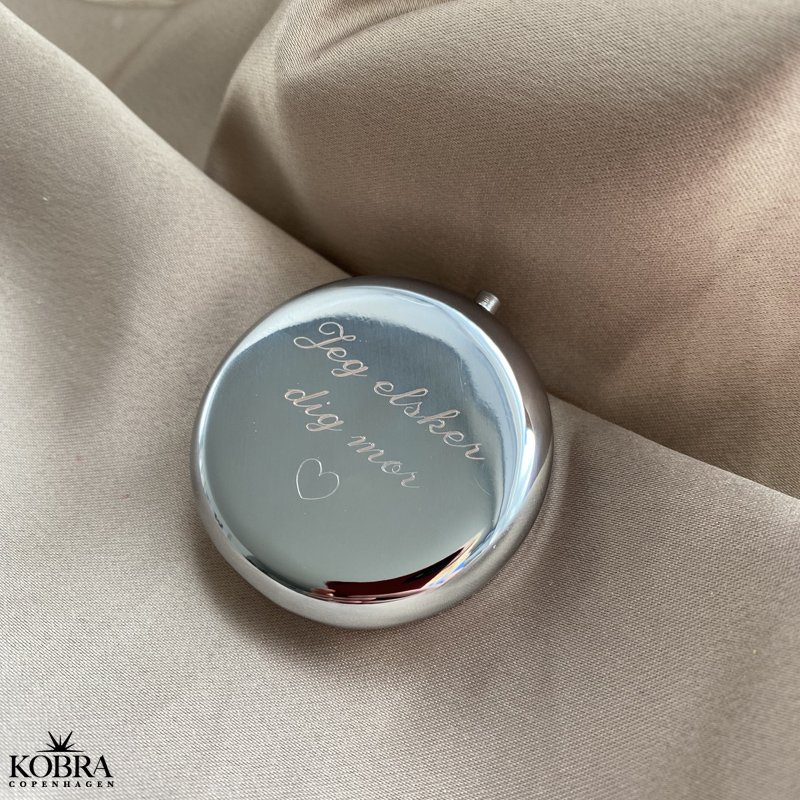 Rund pilleske i slvfarve, inklusiv personlig gravering