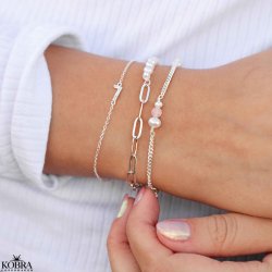 "Peach" slv panzer armbnd med hvide og lyserde perler