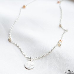 "Wilma" pearl necklace with mini id tag in silver