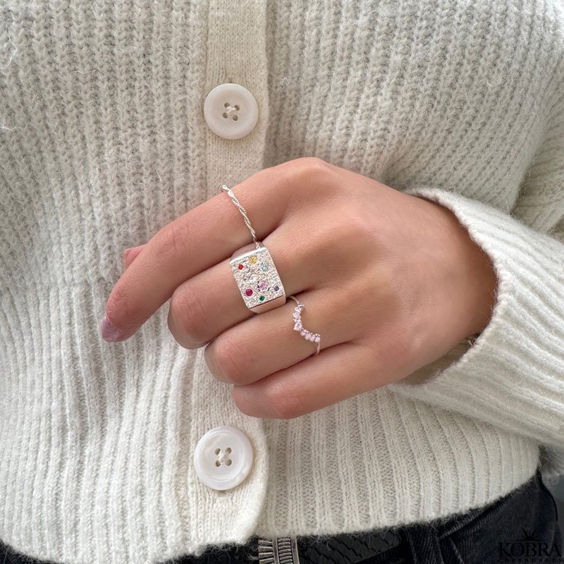 "Miami" chunky slv signet ring med farvet sten