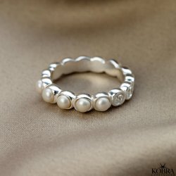 "Cookie" slv ring med gte ferskvandsperler