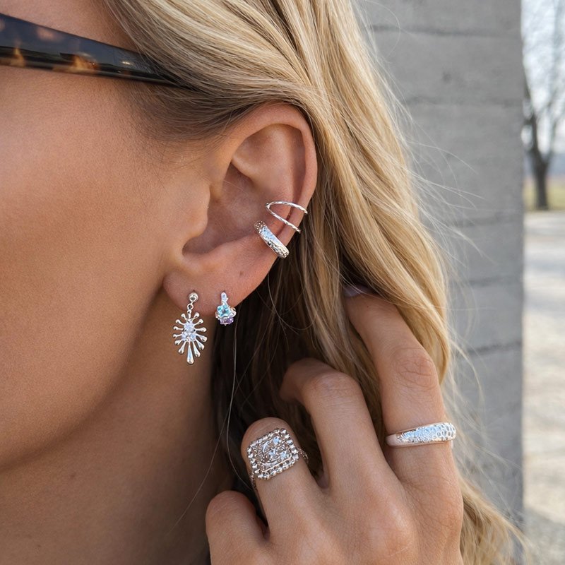 "Stevie" ear cuff with two rings in sterling silver.