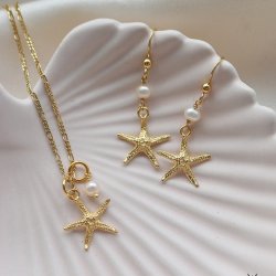 "Sea Of Love" 18 karat forgyldte reringe med sstjerner og gte perler