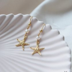 "Sea Of Love" 18 karat forgyldte reringe med sstjerner og gte perler