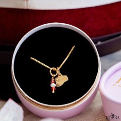 Studenterhalskde i guld med mini hue og Rd eller Bl vedhng