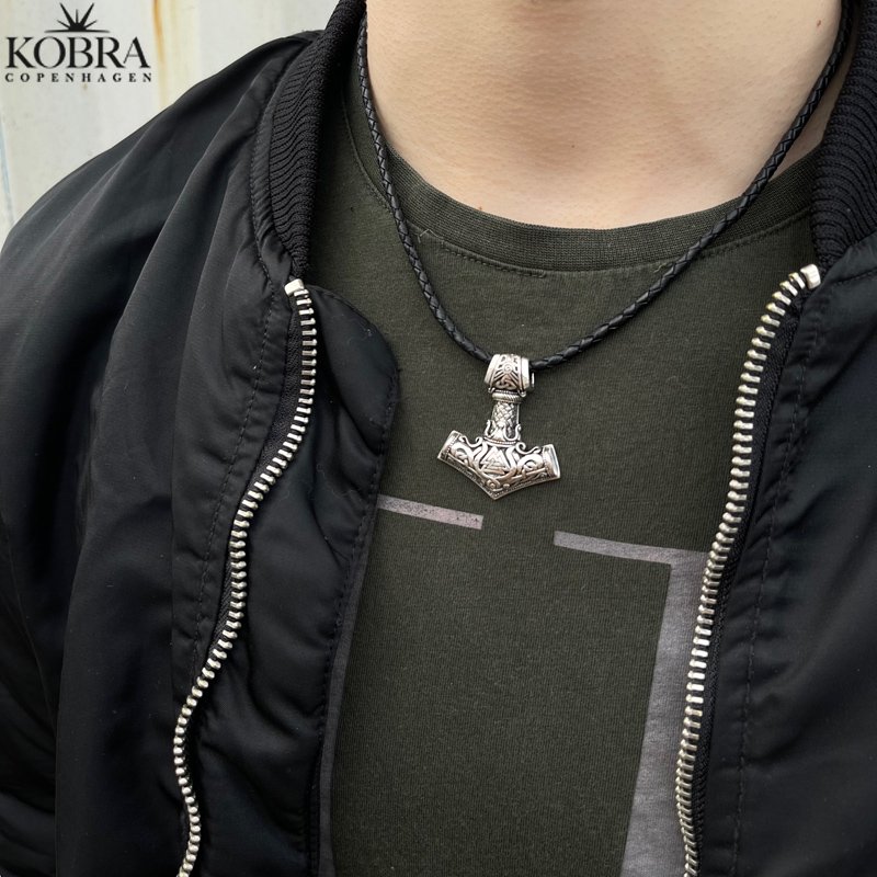 Thor's hammer silver necklace with leather cord