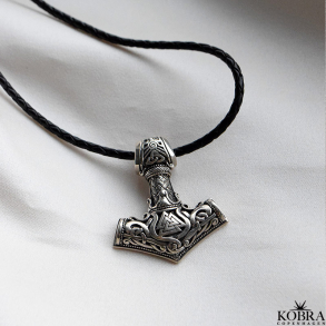 Thor's hammer silver necklace with leather cord