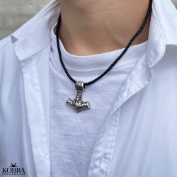 Thor's hammer silver necklace with leather cord
