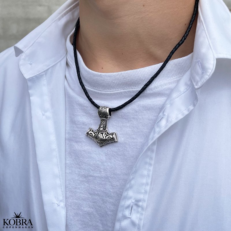Thor's hammer silver necklace with leather cord